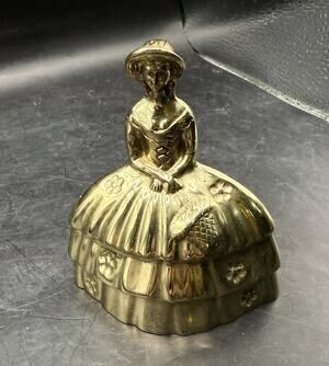 Vtg Antique Solid Brass Woman Hoop Skirt Bonnet Figural Dinner Bell England 3.5”